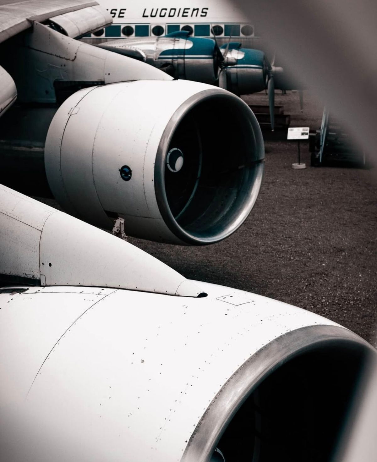 Close-up of jet engines on an aircraft wing